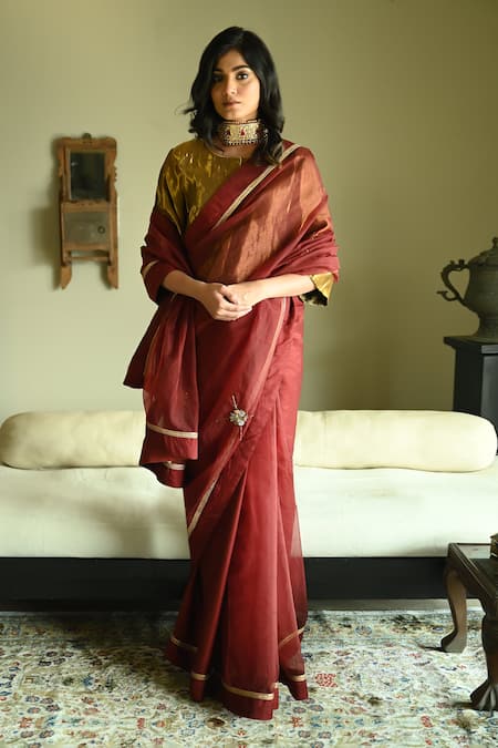 Shorshe Clothing Rubina Cross Butta Patchwork Organza Saree 