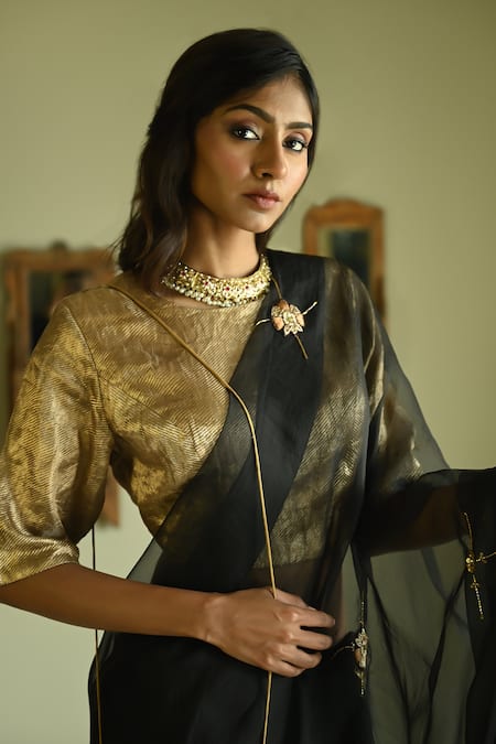 Shorshe Clothing_Black Organza Embroidery, Lace Rubina Cross Butta Patchwork Saree _Online_at_Aza_Fashions