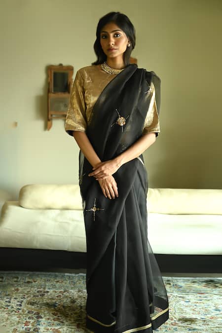 Buy_Shorshe Clothing_Black Organza Embroidery, Lace Rubina Cross Butta Patchwork Saree _Online_at_Aza_Fashions