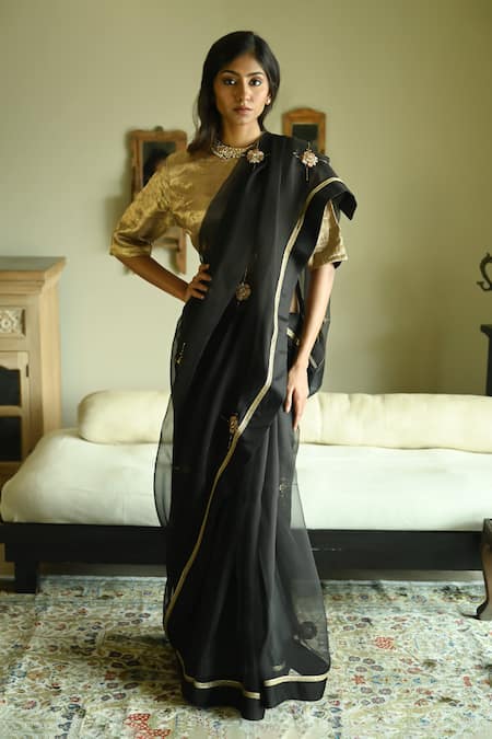 Shop_Shorshe Clothing_Black Organza Embroidery, Lace Rubina Cross Butta Patchwork Saree _Online_at_Aza_Fashions
