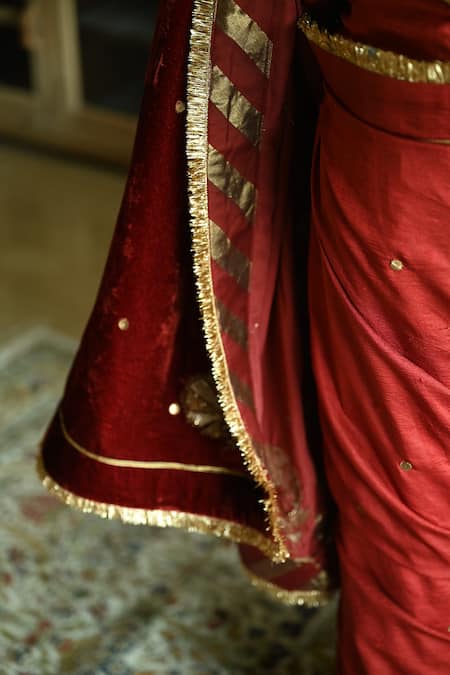 Shorshe Clothing_Red Velvet, Silk Embroidery, Lace, Zari Zubeida Hand Saree _Online_at_Aza_Fashions