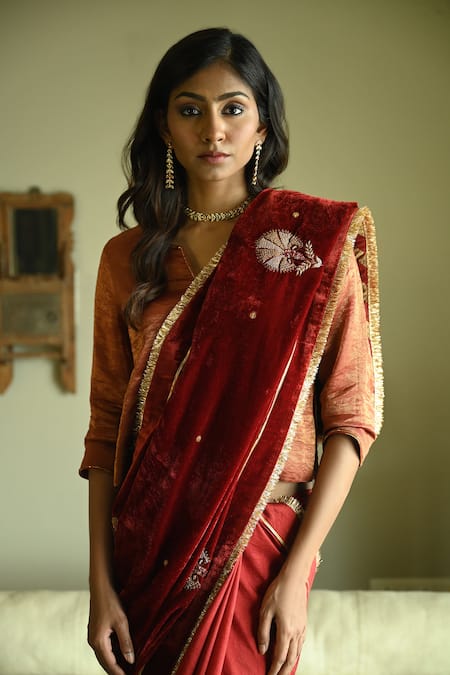 Buy_Shorshe Clothing_Red Velvet, Silk Embroidery, Lace, Zari Zubeida Hand Saree _Online_at_Aza_Fashions