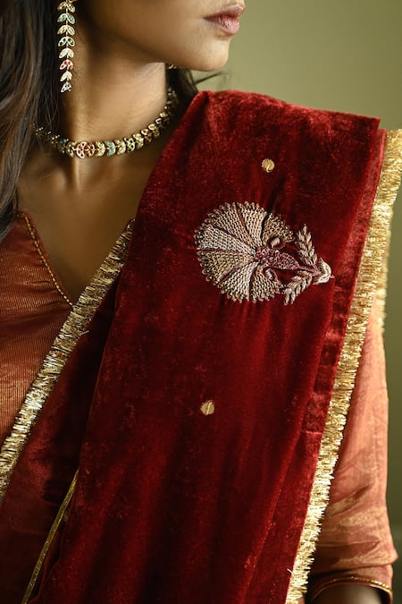 Shop_Shorshe Clothing_Red Velvet, Silk Embroidery, Lace, Zari Zubeida Hand Saree _Online_at_Aza_Fashions