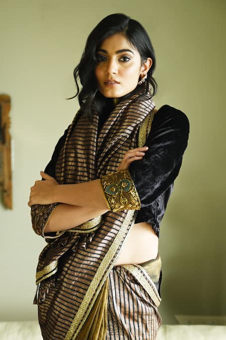 Shorshe Clothing_Black Brocade, Tissue Lace, Metallic Thread Irum Stripes Meena And Saree _Online_at_Aza_Fashions