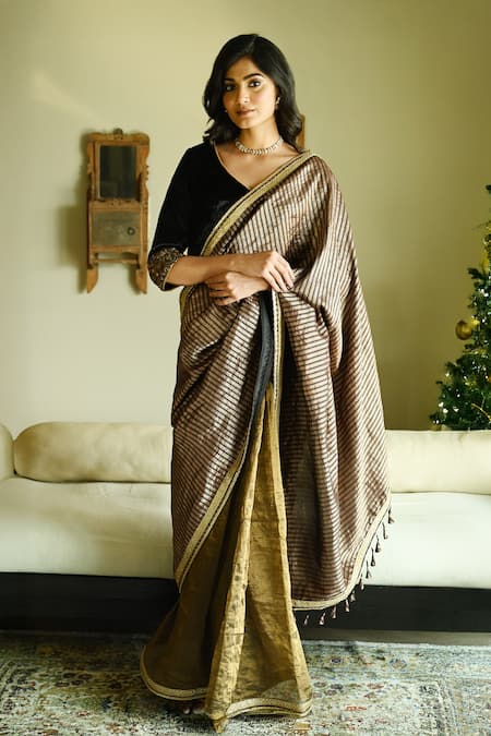 Buy_Shorshe Clothing_Black Brocade, Tissue Lace, Metallic Thread Irum Stripes Meena And Saree _Online_at_Aza_Fashions