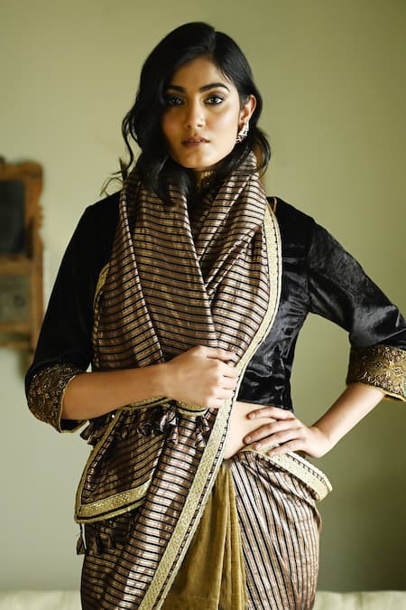 Shop_Shorshe Clothing_Black Brocade, Tissue Lace, Metallic Thread Irum Stripes Meena And Saree _Online_at_Aza_Fashions