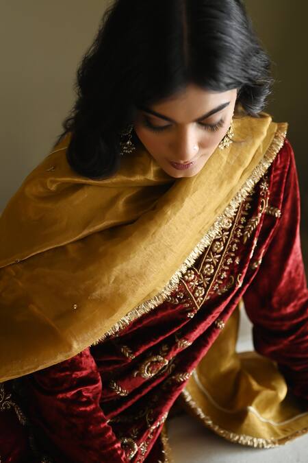 Shorshe Clothing_Gold Tissue Embroidery, Lace Chameli Hand Dupatta _Online_at_Aza_Fashions
