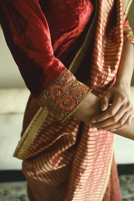 Shorshe Clothing_Red Velvet Embroidery V-neck Zubeida Blouse _Online_at_Aza_Fashions