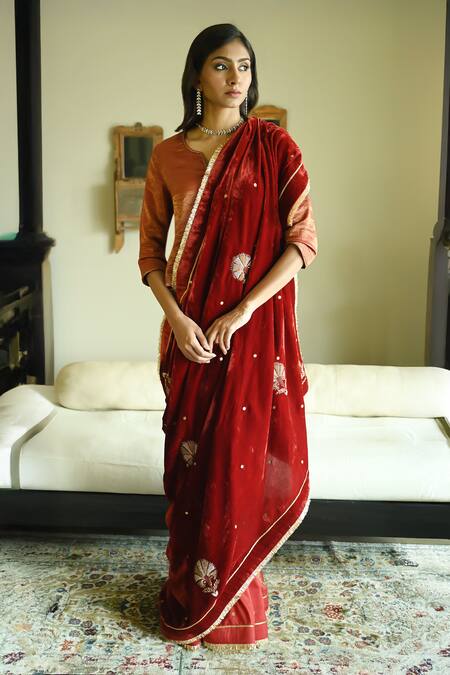 Shorshe Clothing_Red Chanderi Silk, Tissue V-neck Handwoven And Pin Stripes Blouse _Online_at_Aza_Fashions