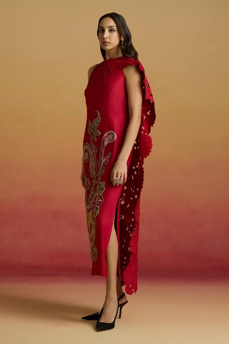 Chandrima_Red Chanderi Embroidery, Beads, Cut Work Round Draped Detail Straight Dress _Online_at_Aza_Fashions