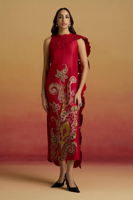 Chandrima Red Chanderi Embroidery, Beads, Cut Work Round Draped Detail Straight Dress