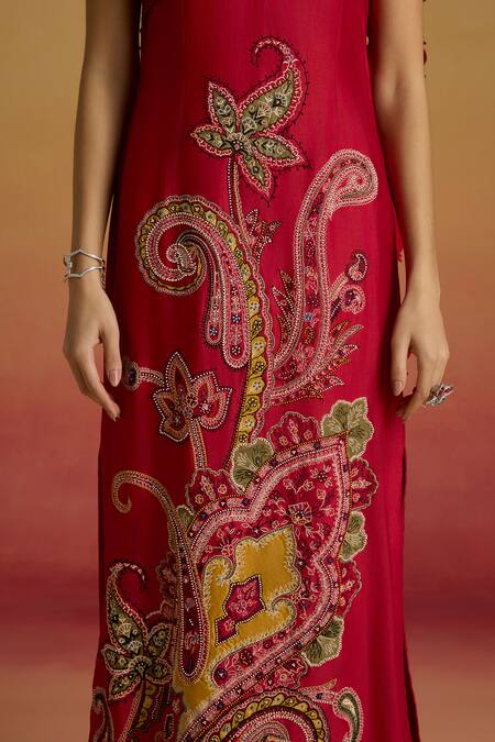 Buy_Chandrima_Red Chanderi Embroidery, Beads, Cut Work Round Draped Detail Straight Dress _Online_at_Aza_Fashions