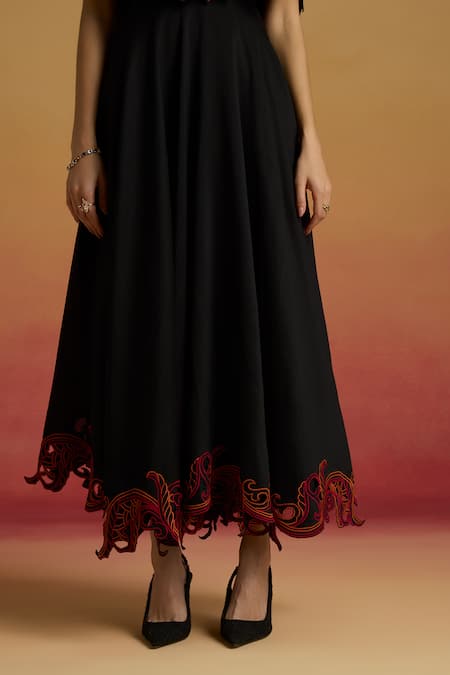 Chandrima_Black Chanderi Embroidery, Beads Round Neck Cape Flounce Dress _Online_at_Aza_Fashions