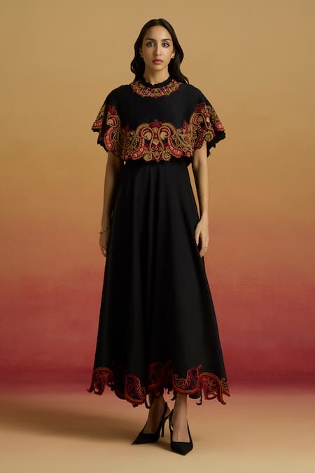 Chandrima Black Chanderi Embroidery, Beads Round Neck Cape Flounce Dress