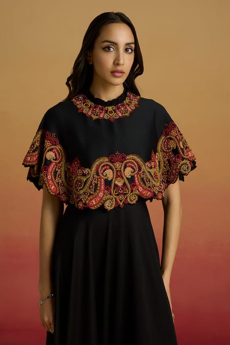 Buy_Chandrima_Black Chanderi Embroidery, Beads Round Neck Cape Flounce Dress _Online_at_Aza_Fashions