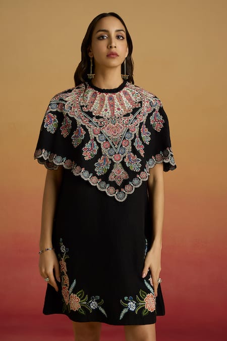 Chandrima_Black Silk Applique, Embroidery, Beads Round Neck Cape Dress _Online_at_Aza_Fashions