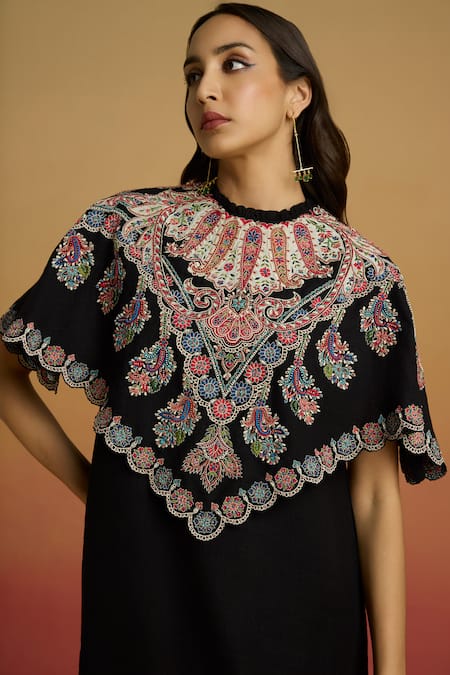 Buy_Chandrima_Black Silk Applique, Embroidery, Beads Round Neck Cape Dress _Online_at_Aza_Fashions