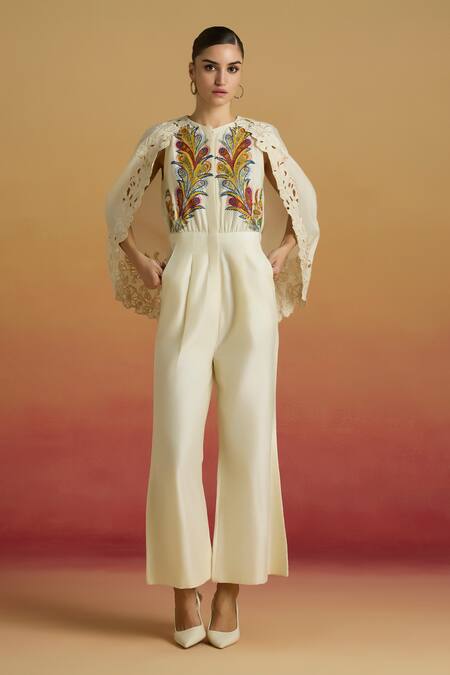 Chandrima_Ivory Chanderi Applique, Embroidery, Cut Work Round Neck Cape Jumpsuit _Online_at_Aza_Fashions