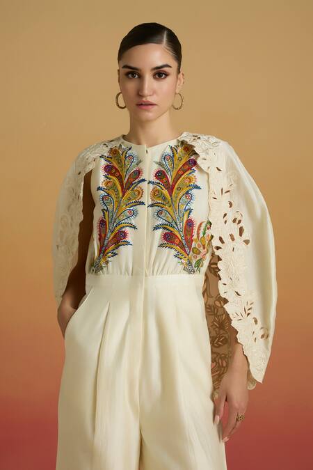 Chandrima Ivory Chanderi Applique, Embroidery, Cut Work Round Neck Cape Jumpsuit