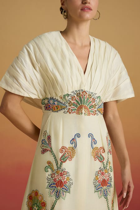 Chandrima_Ivory Chanderi Beads, Embroidery V-neck Pleated Midi Dress _Online_at_Aza_Fashions