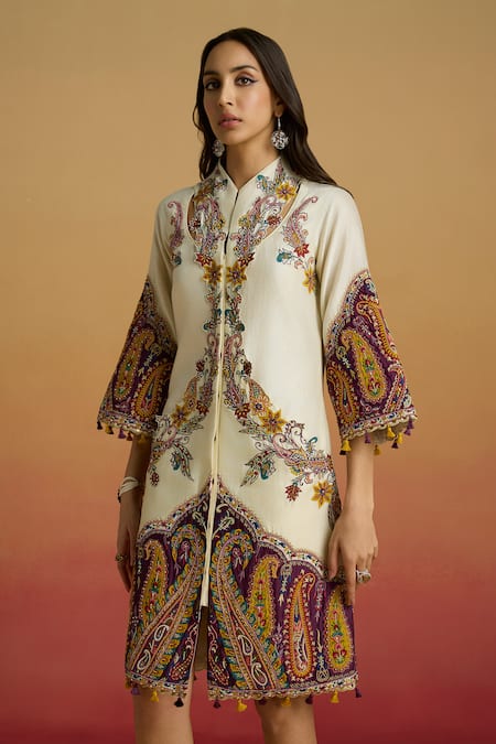 Chandrima_Ivory Chanderi Embroidery, Beads, Tassels Collared Colorblock Paisley Dress _Online_at_Aza_Fashions