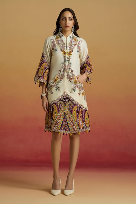 Chandrima Ivory Chanderi Embroidery, Beads, Tassels Collared Colorblock Paisley Dress