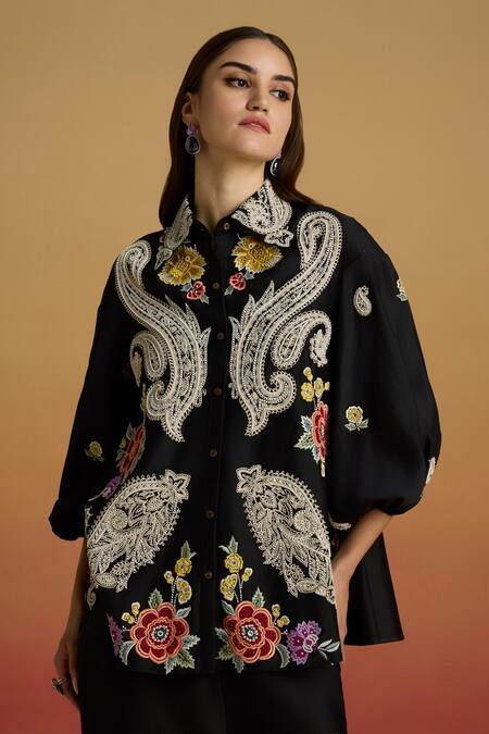 Chandrima Black Chanderi Embroidery Collared Contrast Paisley Shirt