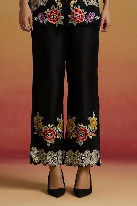 Chandrima_Black Chanderi Embroidery Contrast Paisley Work Pant _Online_at_Aza_Fashions