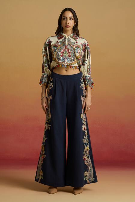 Chandrima Ivory Cotton Beads, Tassels Collared Embroidered Kimono Bolero Jacket