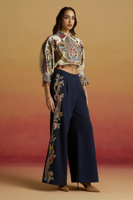 Buy_Chandrima_Ivory Cotton Beads, Tassels Collared Embroidered Kimono Bolero Jacket _Online_at_Aza_Fashions