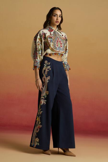 Chandrima_Navy Cotton Embroidery, Beads Indigo Contrast Paisley Flared Pant _Online_at_Aza_Fashions