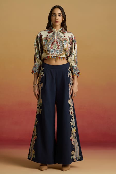 Chandrima Navy Cotton Embroidery, Beads Indigo Contrast Paisley Flared Pant