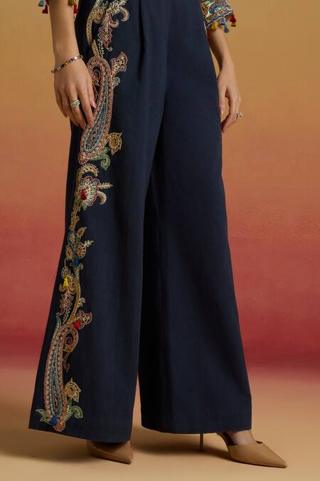 Buy_Chandrima_Navy Cotton Embroidery, Beads Indigo Contrast Paisley Flared Pant _Online_at_Aza_Fashions