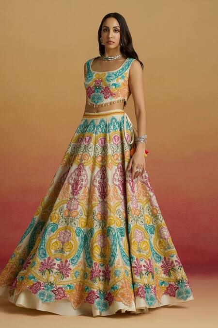 Buy_Chandrima_Ivory Chanderi Embroidery, Beads Square Multicolour Paisley Cord Work Bustier _Online_at_Aza_Fashions