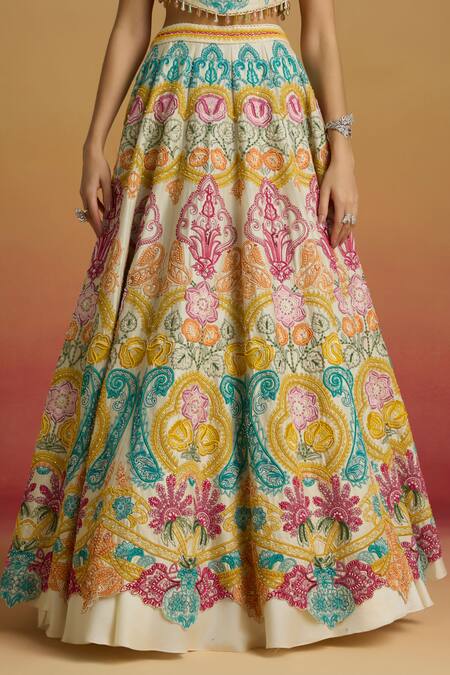 Shop_Chandrima_Ivory Chanderi Embroidery, Beads, Tassels Paisley Cord Work Lehenga _Online_at_Aza_Fashions