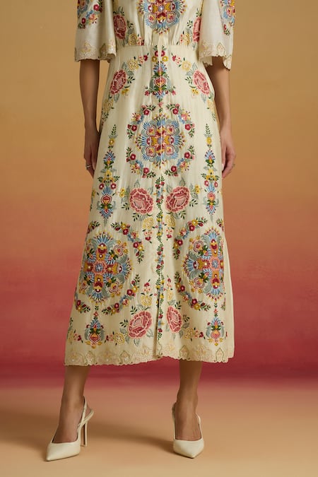 Chandrima_Ivory Chanderi Embroidery, Beads V-neck Floral Thread Work Dress _Online_at_Aza_Fashions