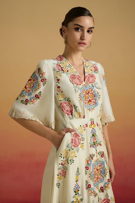 Buy_Chandrima_Ivory Chanderi Embroidery, Beads V-neck Floral Thread Work Dress _Online_at_Aza_Fashions
