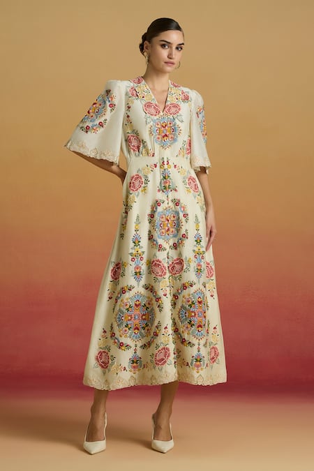 Chandrima Ivory Chanderi Embroidery, Beads V-neck Floral Thread Work Dress