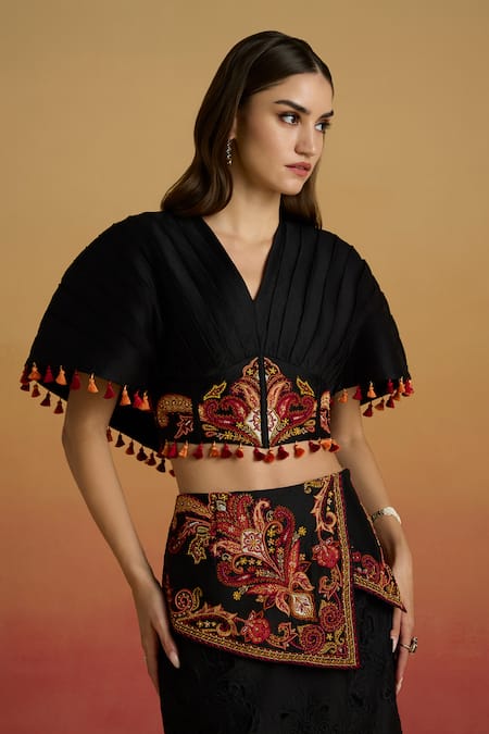Chandrima Black Chanderi Tassels, Embroidery V-neck Pleated Corset Top