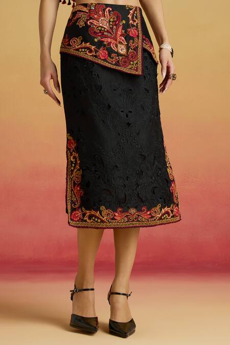 Buy_Chandrima_Black Chanderi Embroidery, Beads, Cut Work Asymmetric Layered Skirt _Online_at_Aza_Fashions