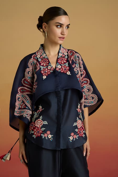 Chandrima Navy Chanderi Embroidery, Beads Collared, V-neck Indigo Paisley Layered Shirt