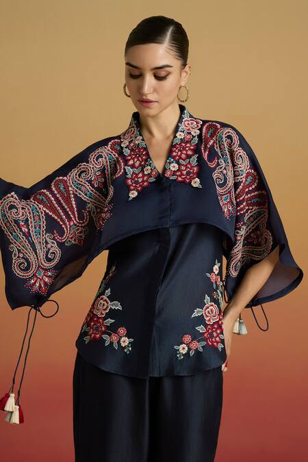 Buy_Chandrima_Navy Chanderi Embroidery, Beads Collared, V-neck Indigo Paisley Layered Shirt _Online_at_Aza_Fashions