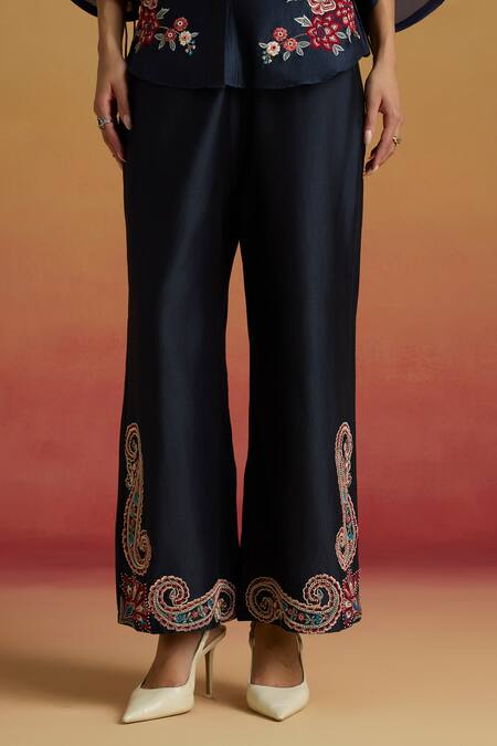 Chandrima_Navy Chanderi Embroidery, Beads Indigo Paisley Work Pant _Online_at_Aza_Fashions