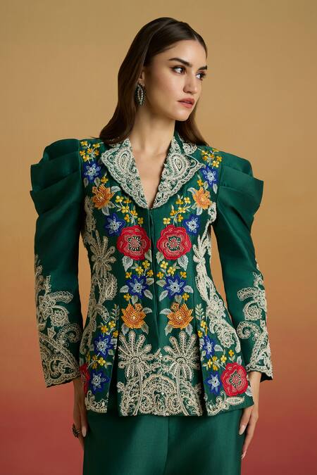 Chandrima_Emerald Green Chanderi Embroidery, Beads Contrast Cord Work Panelled Jacket _Online_at_Aza_Fashions