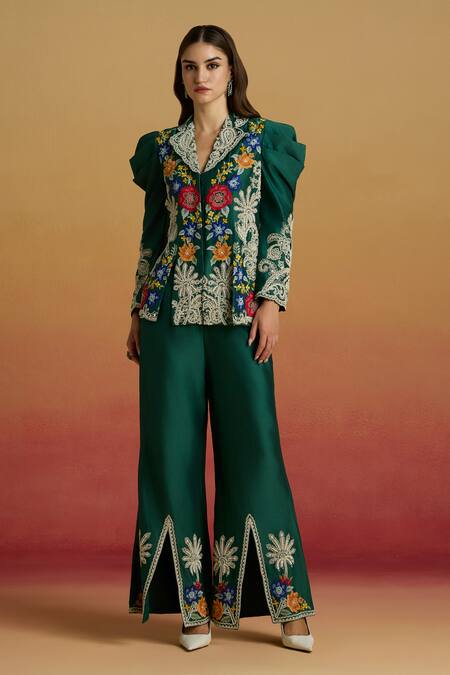 Chandrima Emerald Green Chanderi Embroidery, Beads Contrast Cord Work Panelled Jacket