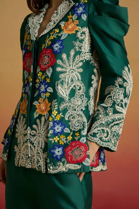 Buy_Chandrima_Emerald Green Chanderi Embroidery, Beads Contrast Cord Work Panelled Jacket _Online_at_Aza_Fashions