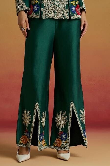 Chandrima_Emerald Green Chanderi Embroidery, Beads Contrast Cord Work Bell Bottom Pant _Online_at_Aza_Fashions