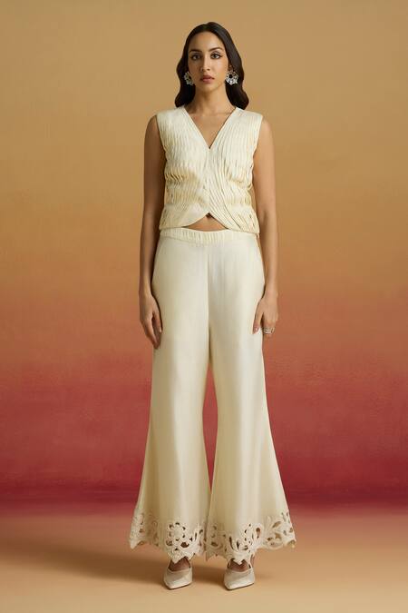 Chandrima_Ivory Chanderi V-neck Pleated Crop Top _Online_at_Aza_Fashions