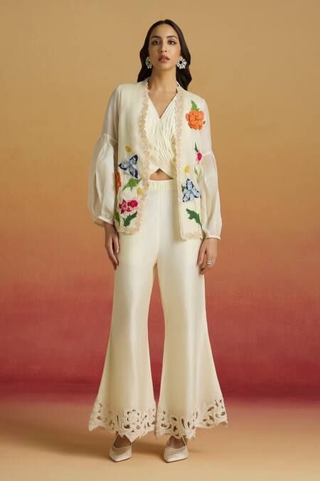Chandrima_Ivory Silk Organza Applique, Embroidery Open Neck 3d Floral Jacket _Online_at_Aza_Fashions