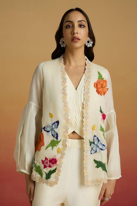 Chandrima Ivory Silk Organza Applique, Embroidery Open Neck 3d Floral Jacket